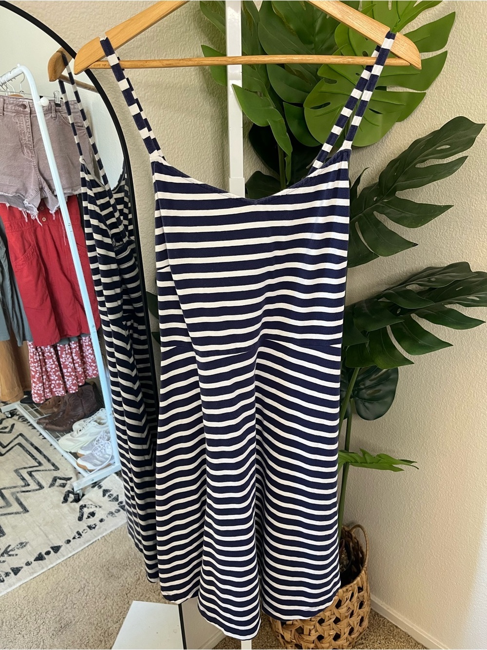 🤍⚓ Navy & White Striped Crossback Swing Dress L | Coastal Chic Summer Sundress